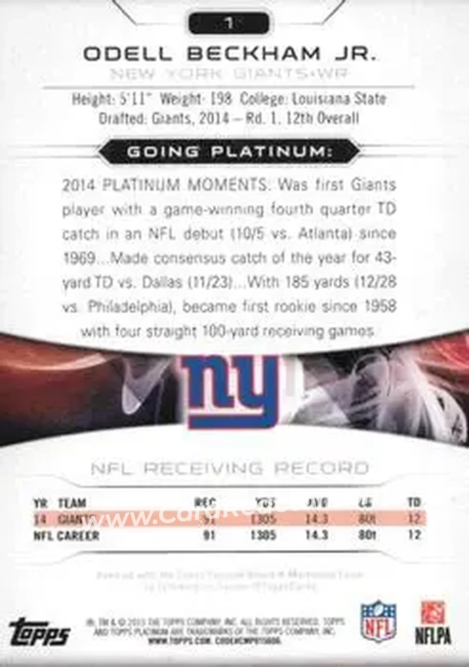 2015 Topps Platinum #1 - Odell Beckham Jr. - New York Giants - Back