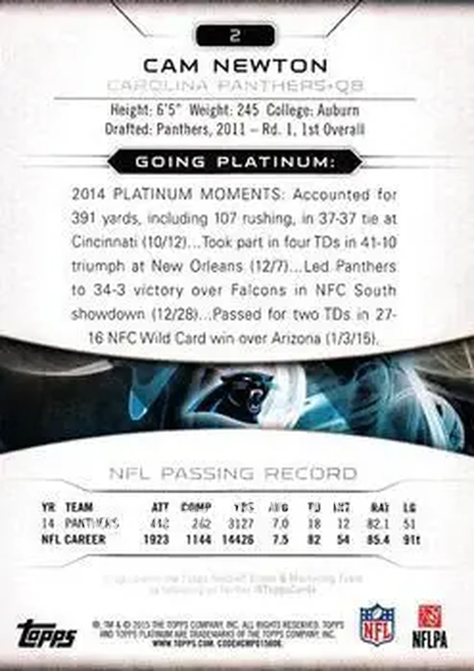 2015 Topps Platinum #2 - Cam Newton - Carolina Panthers - Back