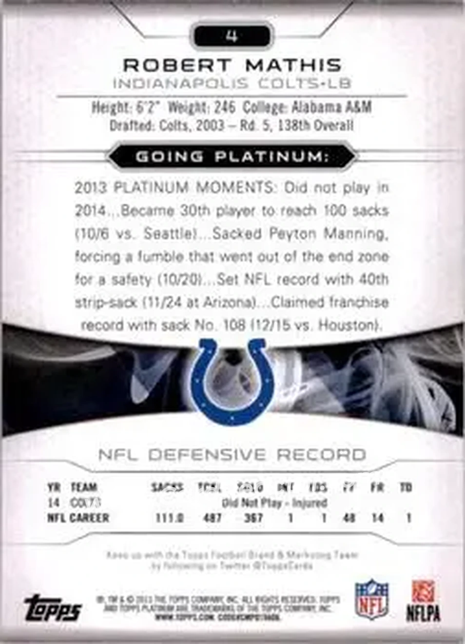 2015 Topps Platinum #4 - Robert Mathis - Indianapolis Colts - Back