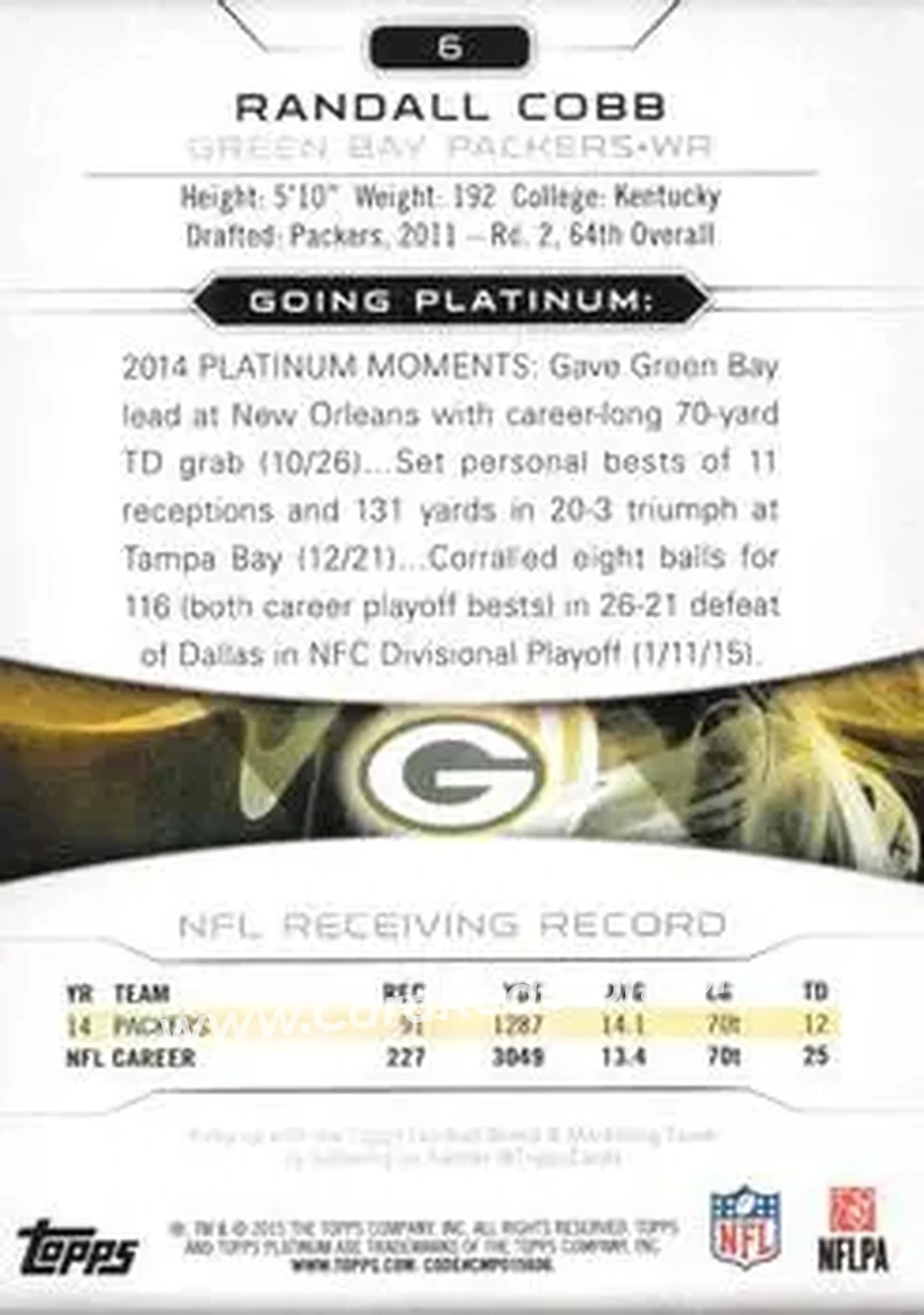 2015 Topps Platinum #6 - Randall Cobb - Green Bay Packers - Back