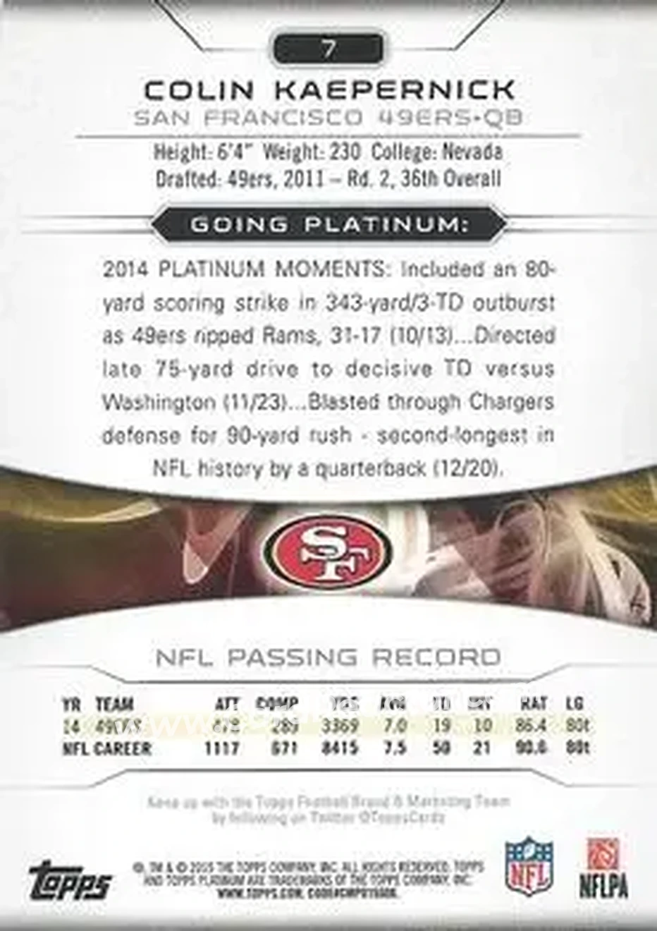 2015 Topps Platinum #7 - Colin Kaepernick - San Francisco 49ers - Back