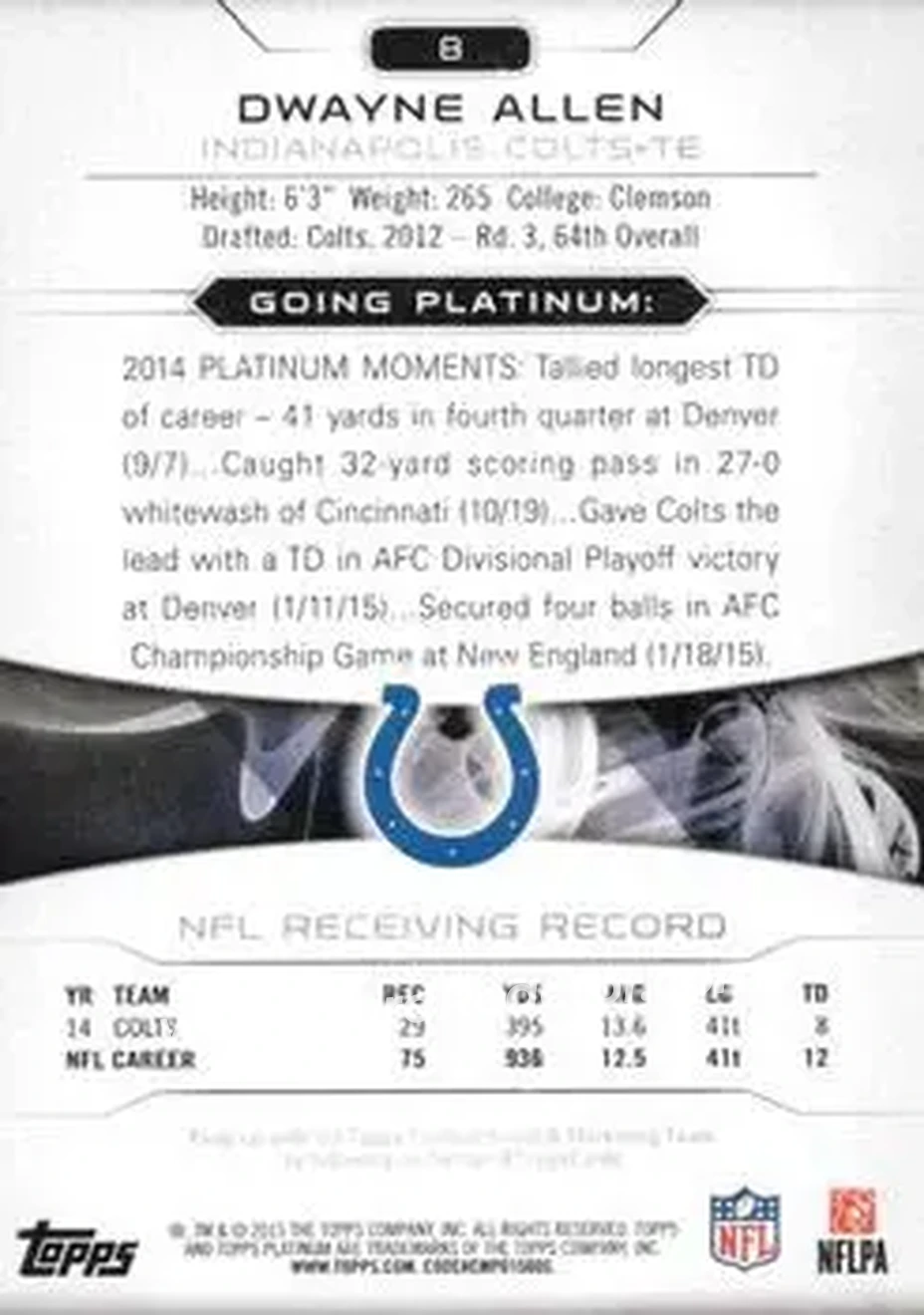 2015 Topps Platinum #8 - Dwayne Allen - Indianapolis Colts - Back