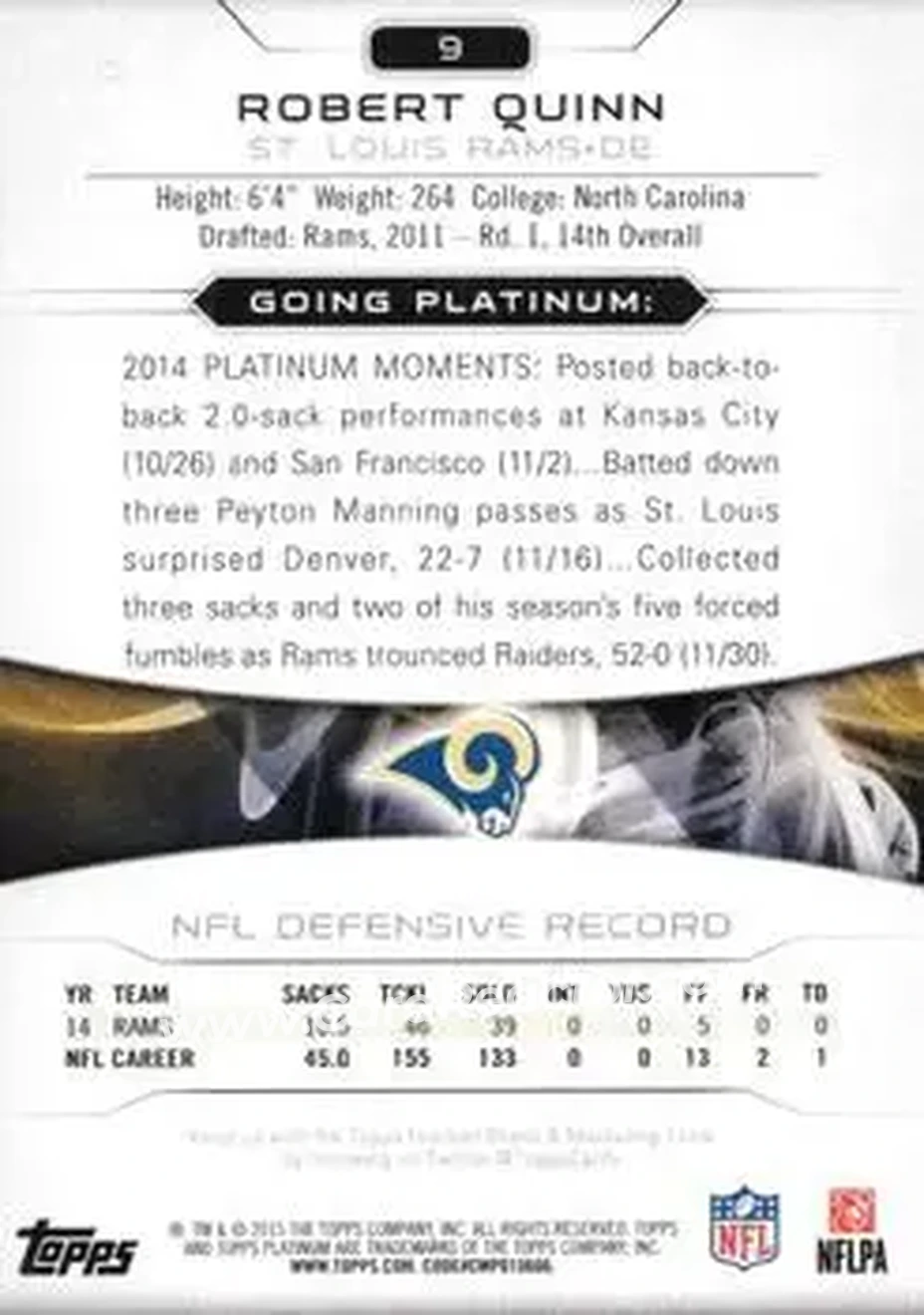2015 Topps Platinum #9 - Robert Quinn - St. Louis Rams - Back