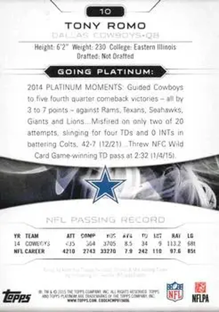 2015 Topps Platinum #10 - Tony Romo - Dallas Cowboys - Back