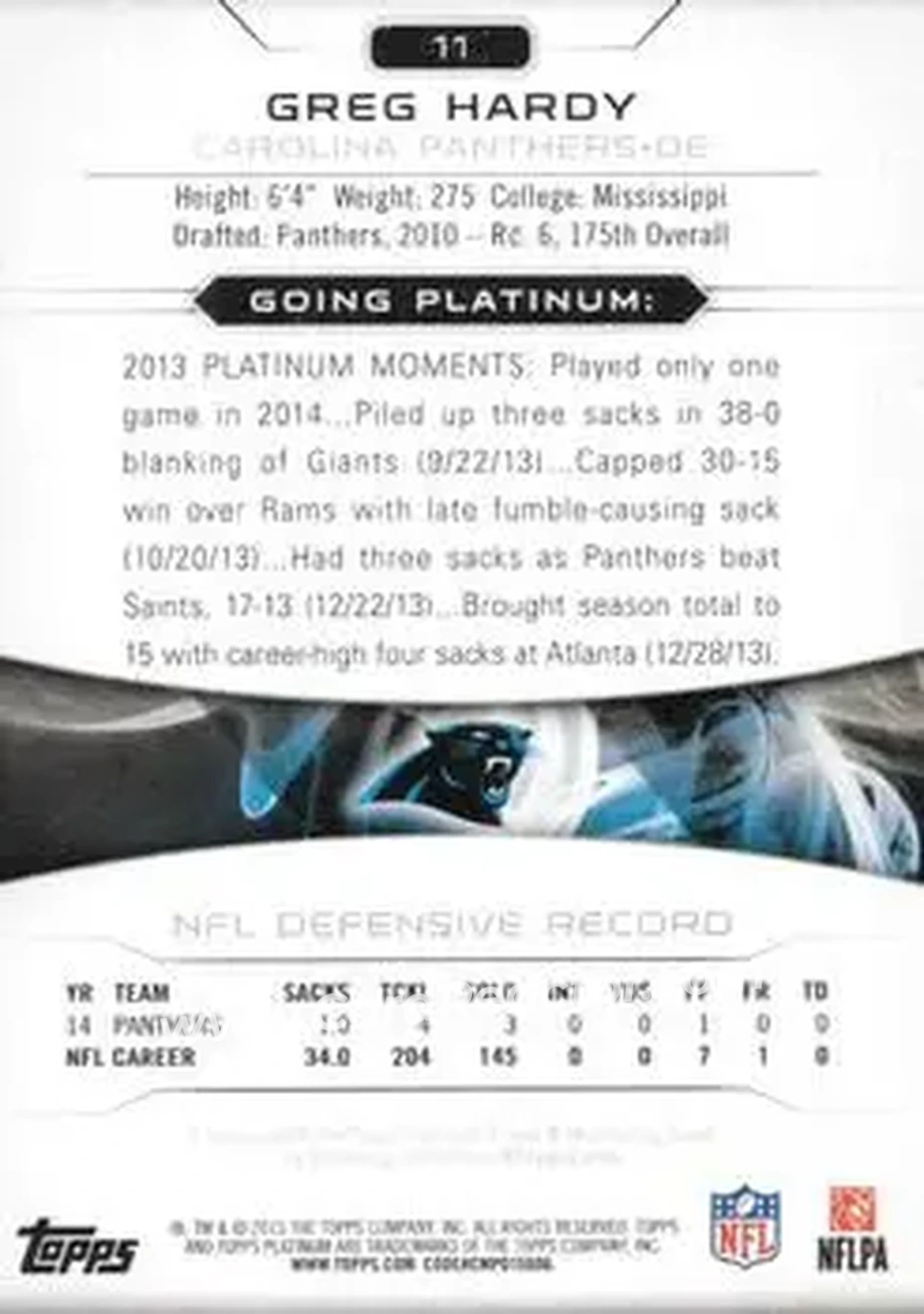 2015 Topps Platinum #11 - Greg Hardy - Carolina Panthers - Back