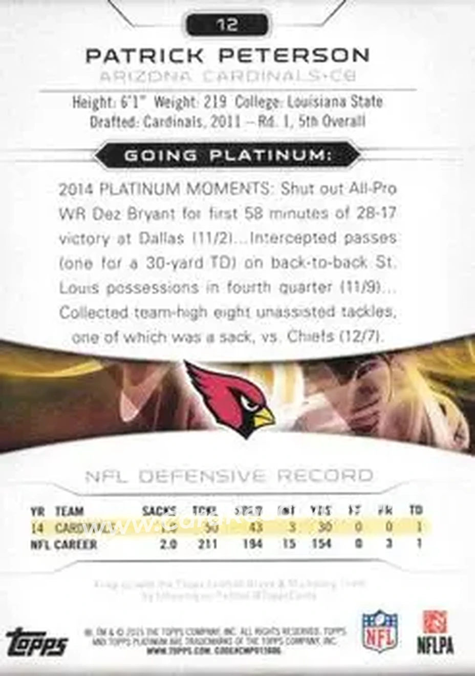 2015 Topps Platinum #12 - Patrick Peterson - Arizona Cardinals - Back