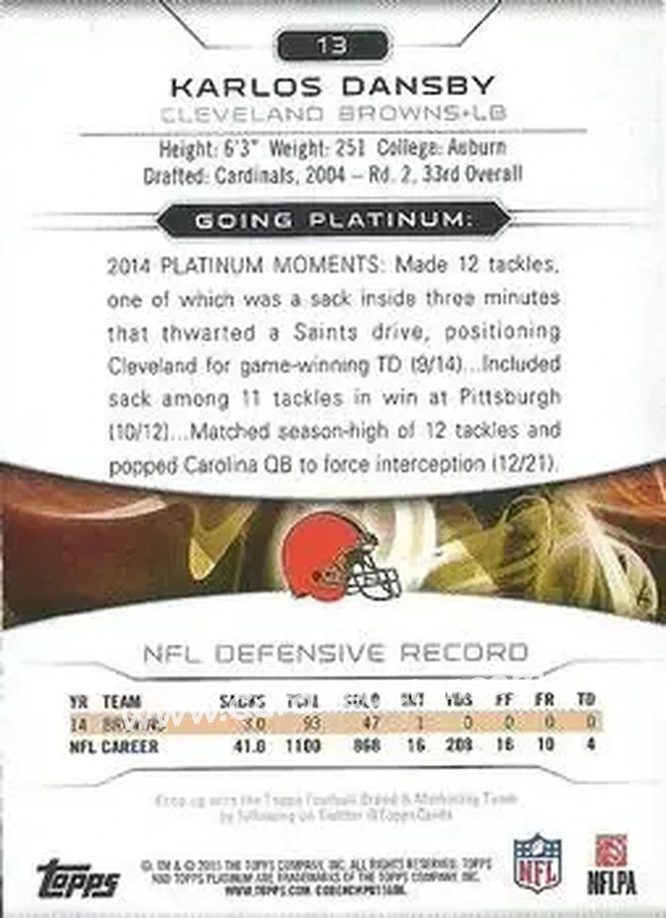 2015 Topps Platinum #13 - Karlos Dansby - Cleveland Browns - Back