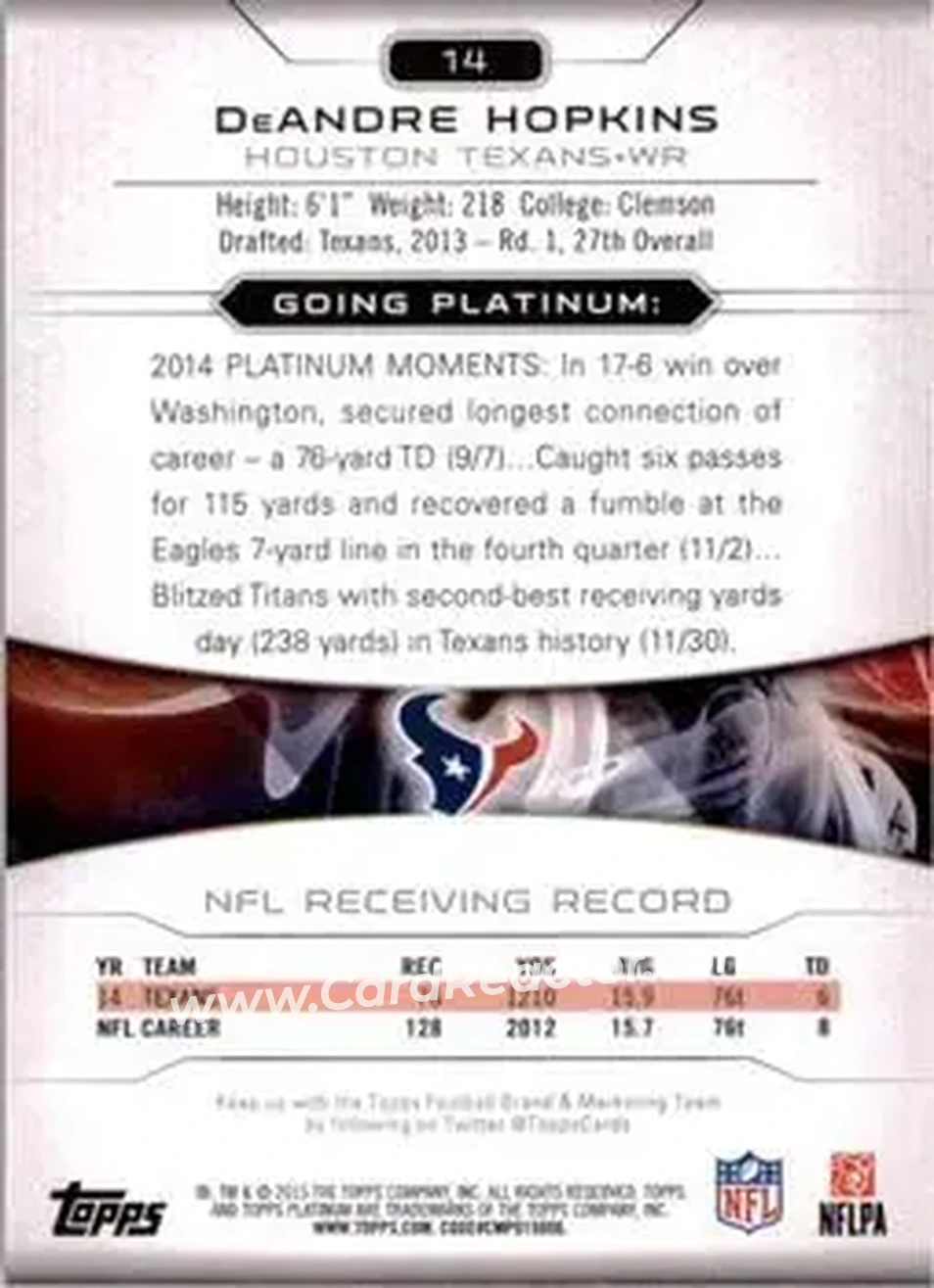 2015 Topps Platinum #14 - DeAndre Hopkins - Houston Texans - Back