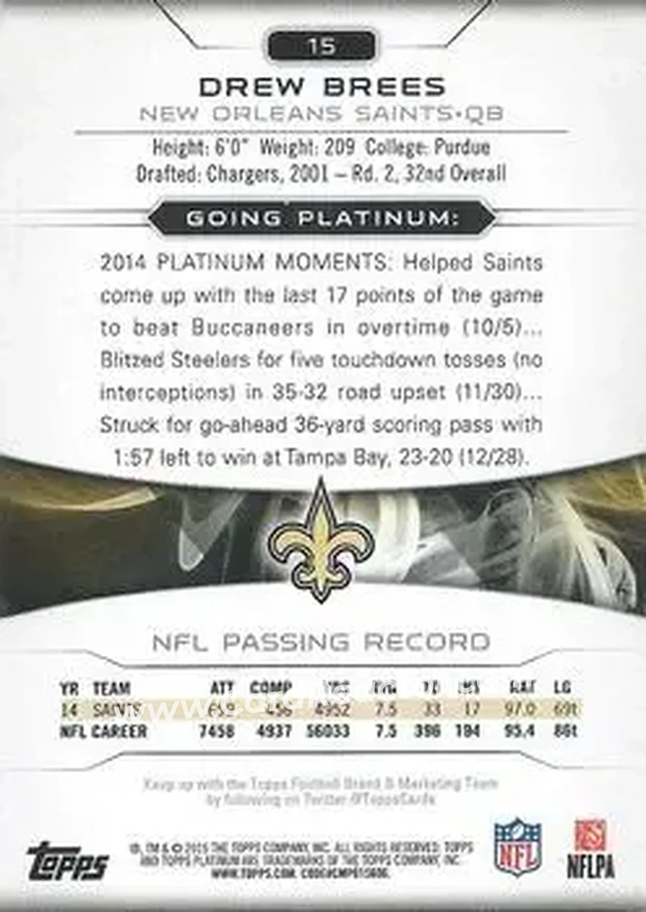 2015 Topps Platinum #15 - Drew Brees - New Orleans Saints - Back