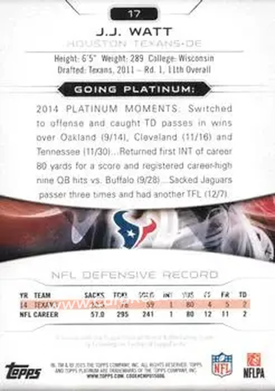 2015 Topps Platinum #17 - J.J. Watt - Houston Texans - Back