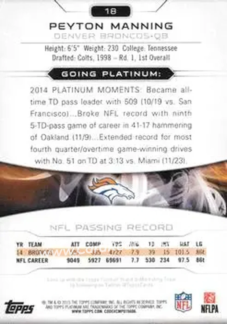 2015 Topps Platinum #18 - Peyton Manning - Denver Broncos - Back