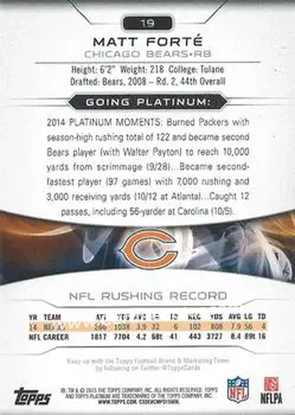 2015 Topps Platinum #19 - Matt Forte - Chicago Bears - Back
