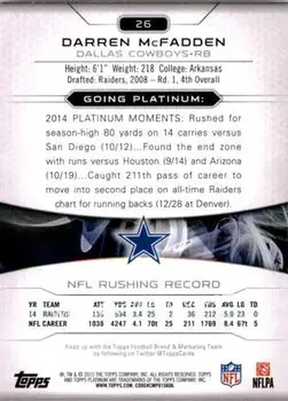 2015 Topps Platinum #26 - Darren McFadden - Dallas Cowboys - Back