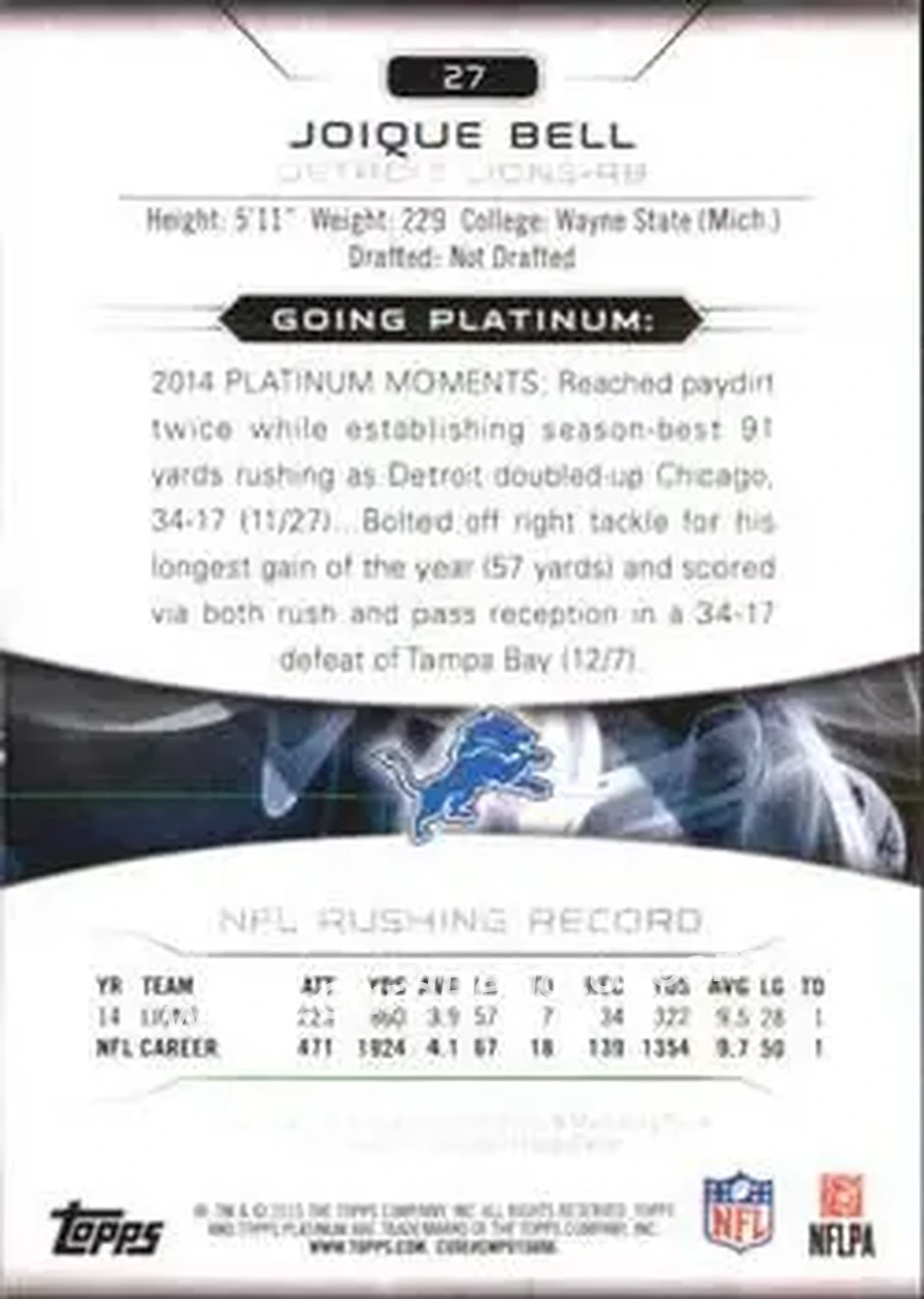 2015 Topps Platinum #27 - Joique Bell - Detroit Lions - Back