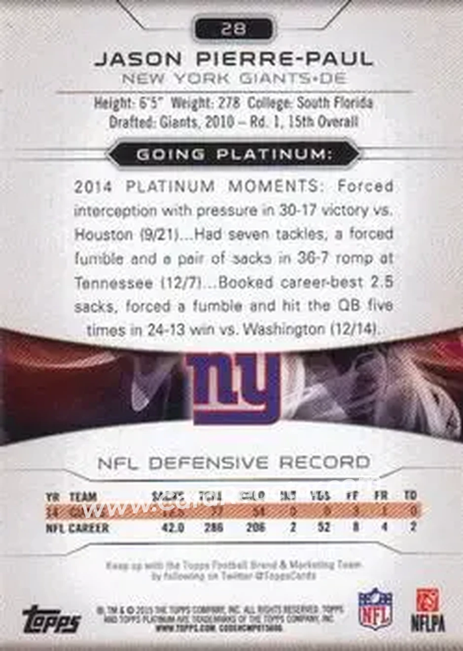 2015 Topps Platinum #28 - Jason Pierre-Paul - New York Giants - Back