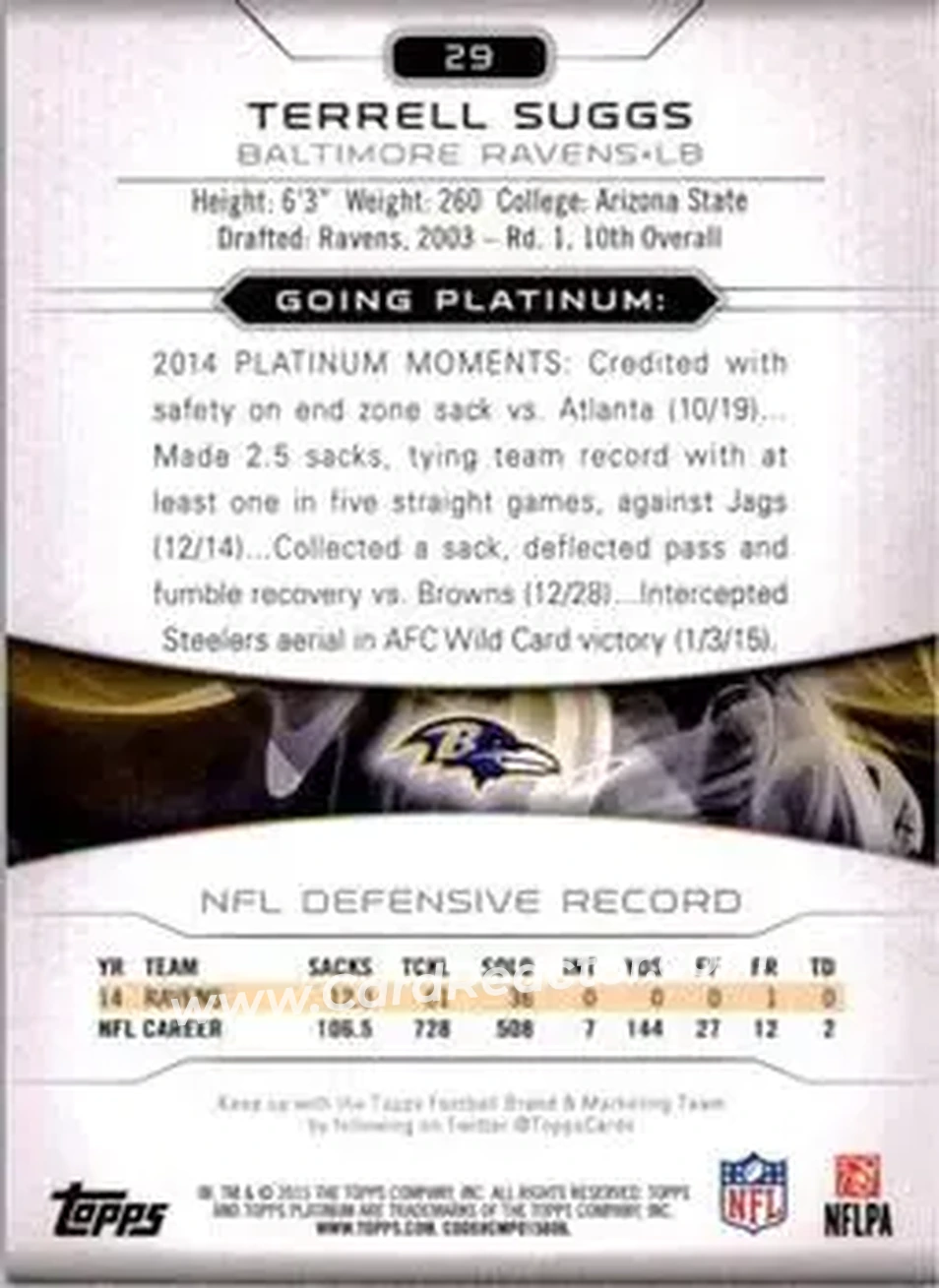 2015 Topps Platinum #29 - Terrell Suggs - Baltimore Ravens - Back