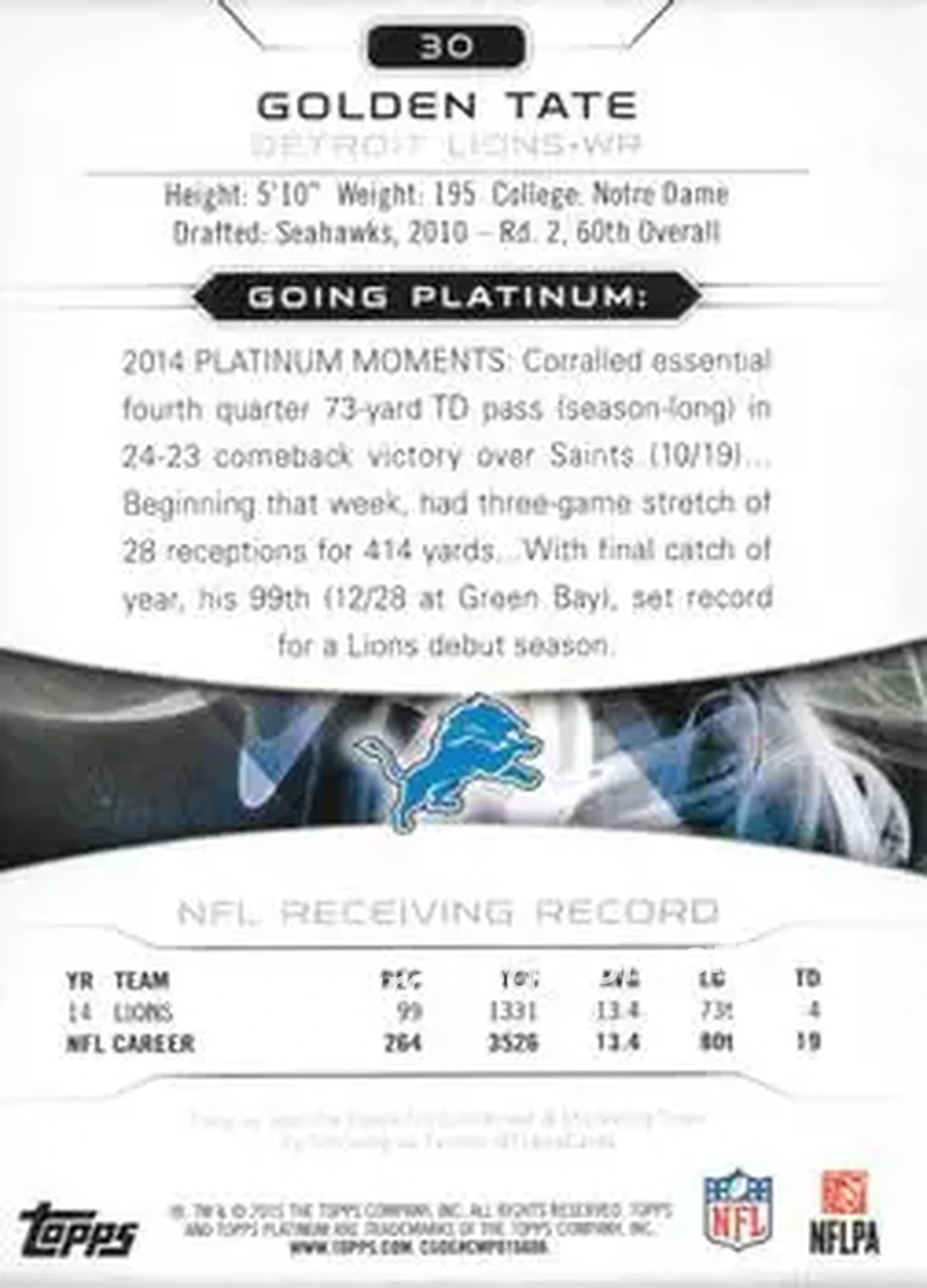 2015 Topps Platinum #30 - Golden Tate III - Detroit Lions - Back