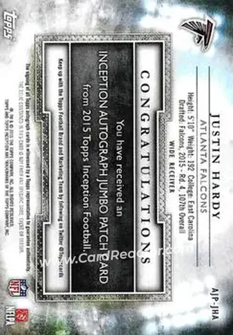 2015 Topps Inception - Autographed Jumbo Patches #AJP-JHA - Justin Hardy - Atlanta Falcons - Back