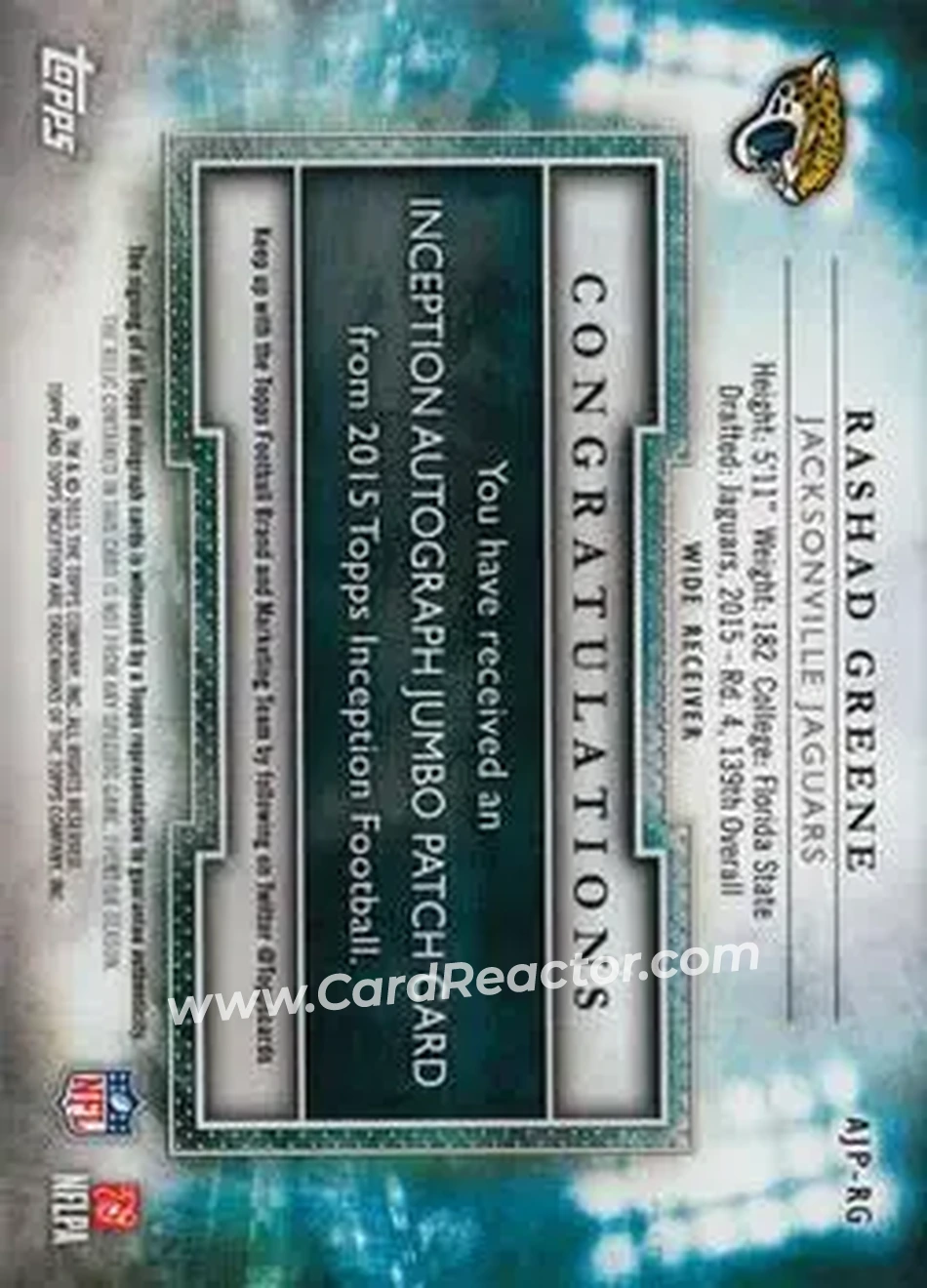2015 Topps Inception - Autographed Jumbo Patches #AJP-RG - Rashad Greene - Jacksonville Jaguars - Back 2015 Topps Inception - Autographed Jumbo Patches #AJP-RG - Rashad Greene - Jacksonville Jaguars - Back