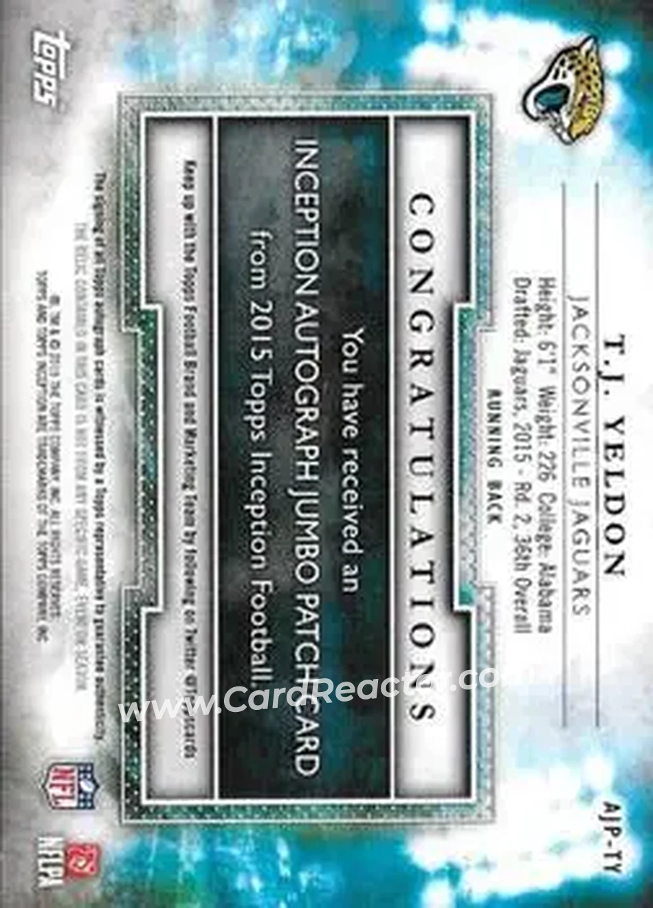 2015 Topps Inception - Autographed Jumbo Patches #AJP-TY - T.J. Yeldon - Jacksonville Jaguars - Back