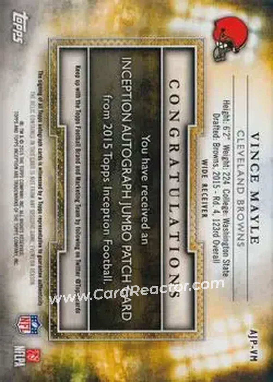 2015 Topps Inception - Autographed Jumbo Patches #AJP-VM - Vince Mayle - Cleveland Browns - Back