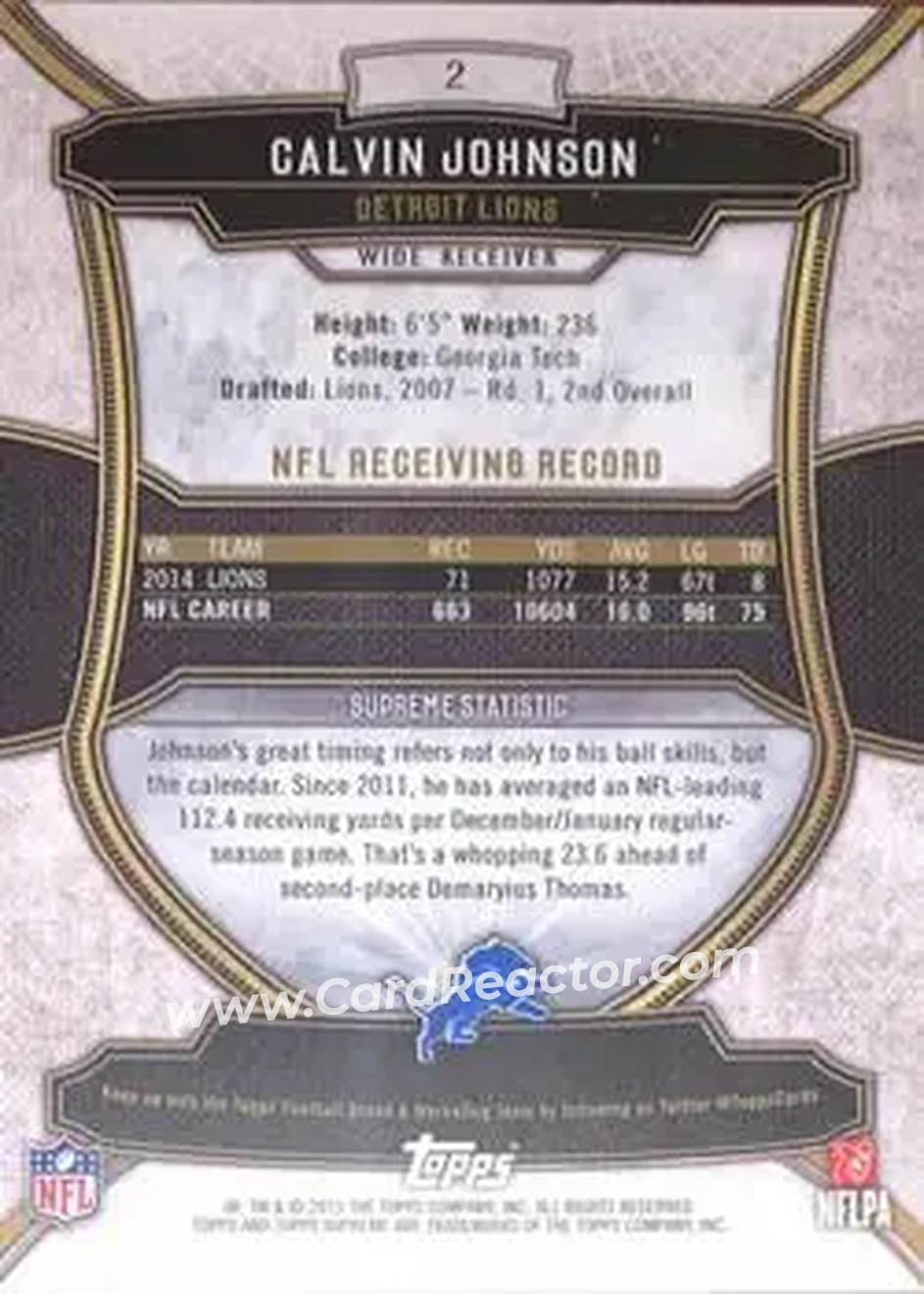 2015 Topps Supreme #2 - Calvin Johnson - Detroit Lions - Back