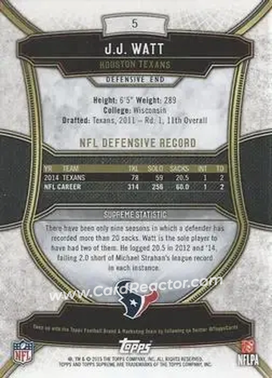 2015 Topps Supreme #5 - J.J. Watt - Houston Texans - Back