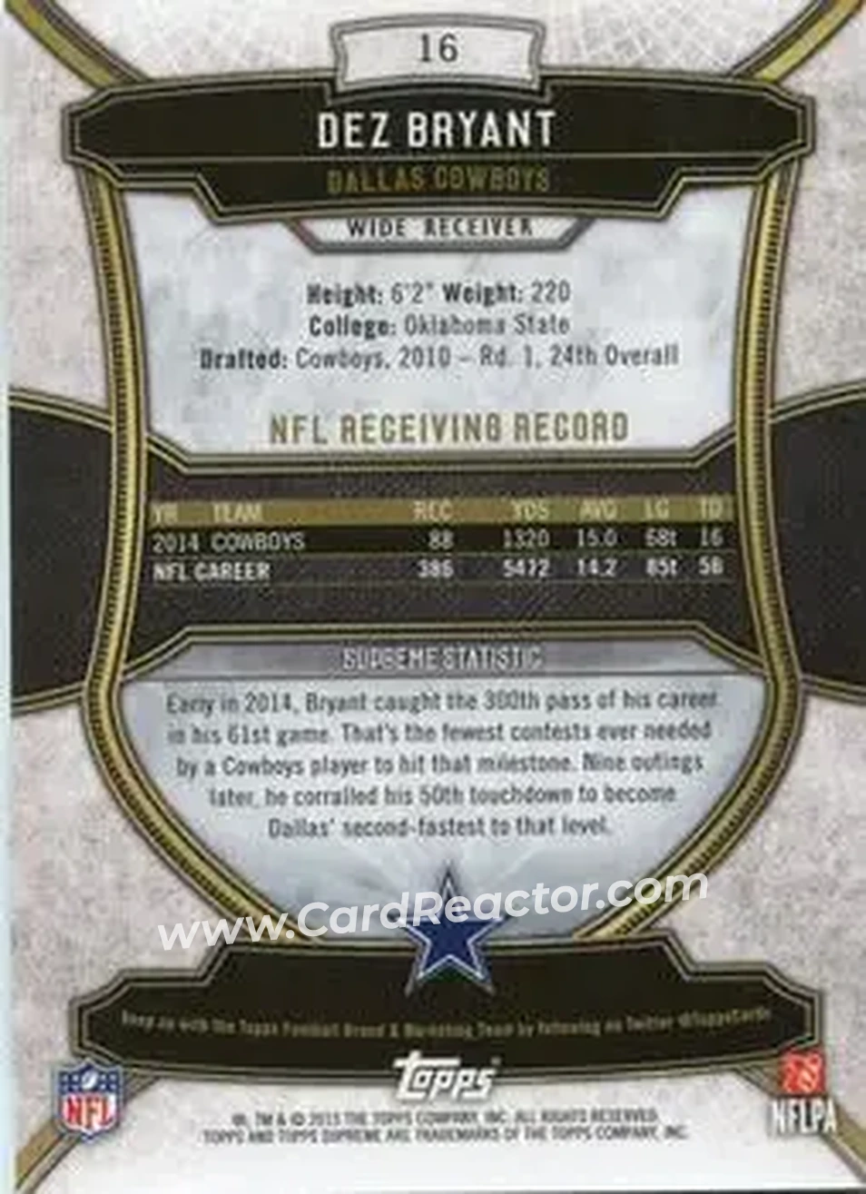 2015 Topps Supreme #16 - Dez Bryant - Dallas Cowboys - Back