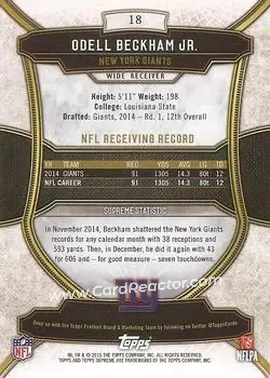 2015 Topps Supreme #18 - Odell Beckham Jr. - New York Giants - Back
