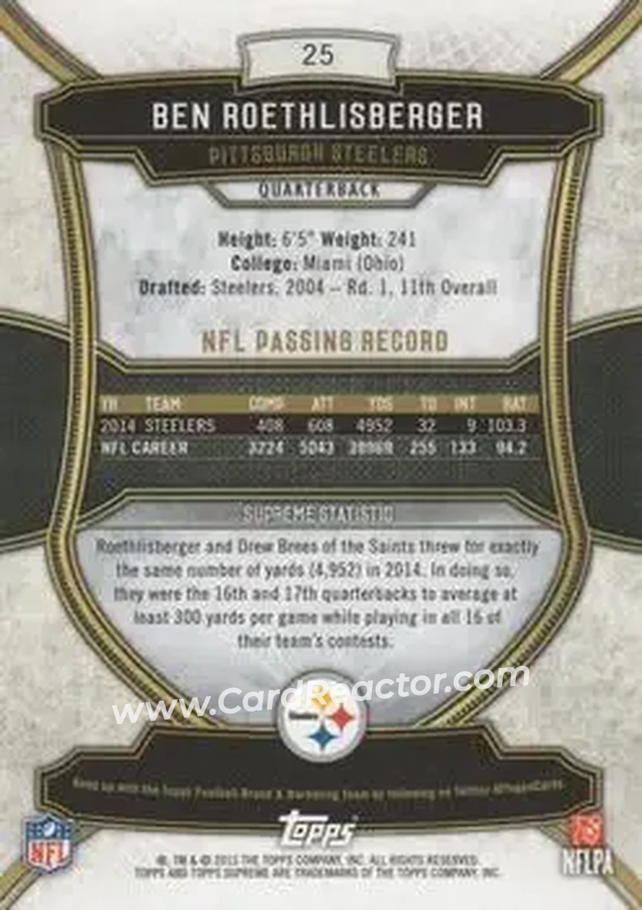 2015 Topps Supreme #25 - Ben Roethlisberger - Pittsburgh Steelers - Back