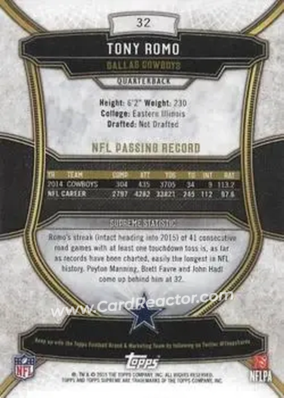 2015 Topps Supreme #32 - Tony Romo - Dallas Cowboys - Back