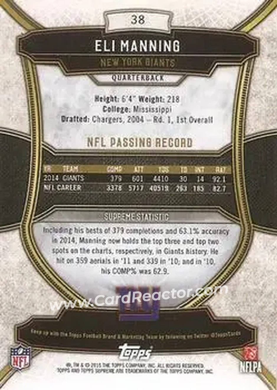 2015 Topps Supreme #38 - Eli Manning - New York Giants - Back