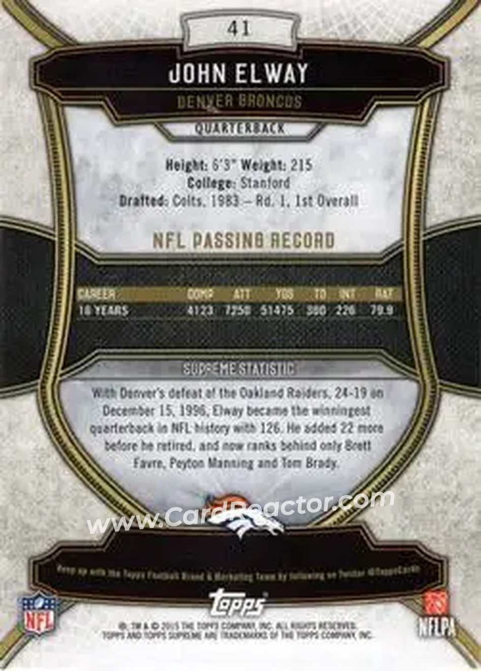 2015 Topps Supreme #41 - John Elway - Denver Broncos - Back