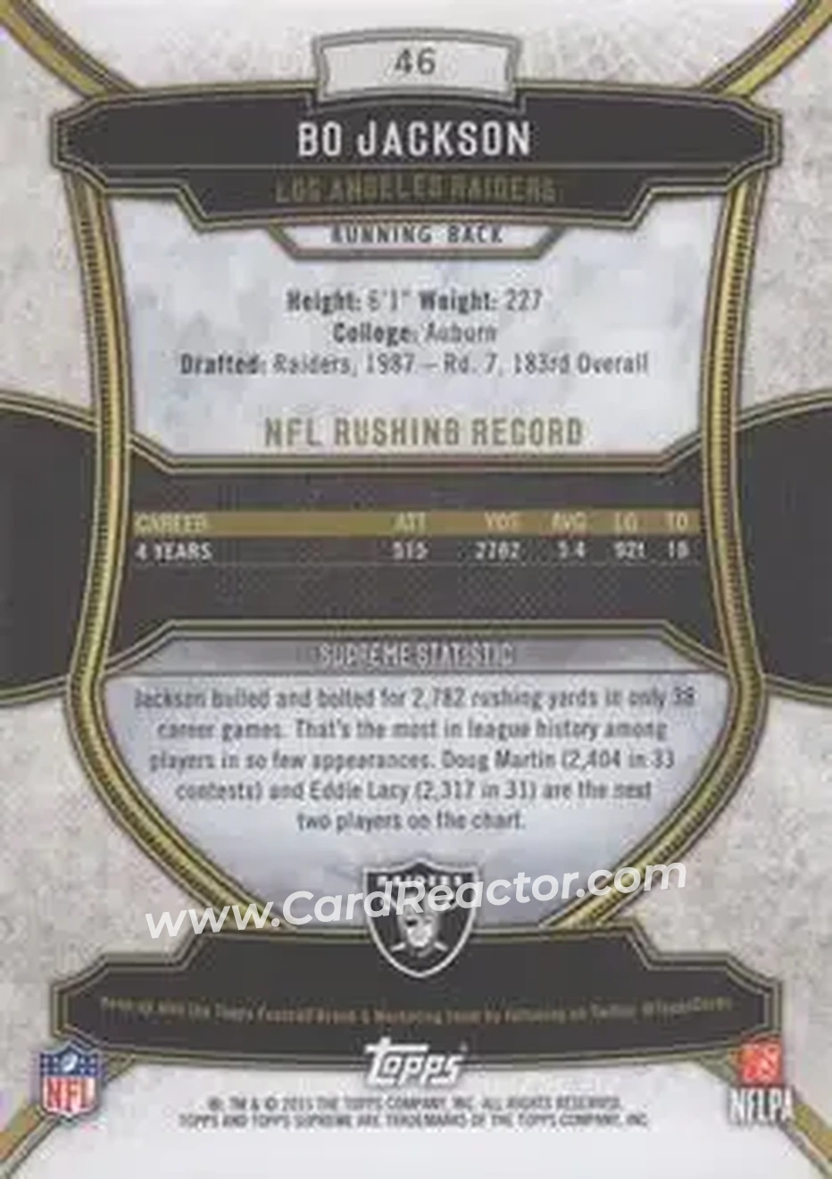 2015 Topps Supreme #46 - Bo Jackson - Los Angeles Raiders - Back