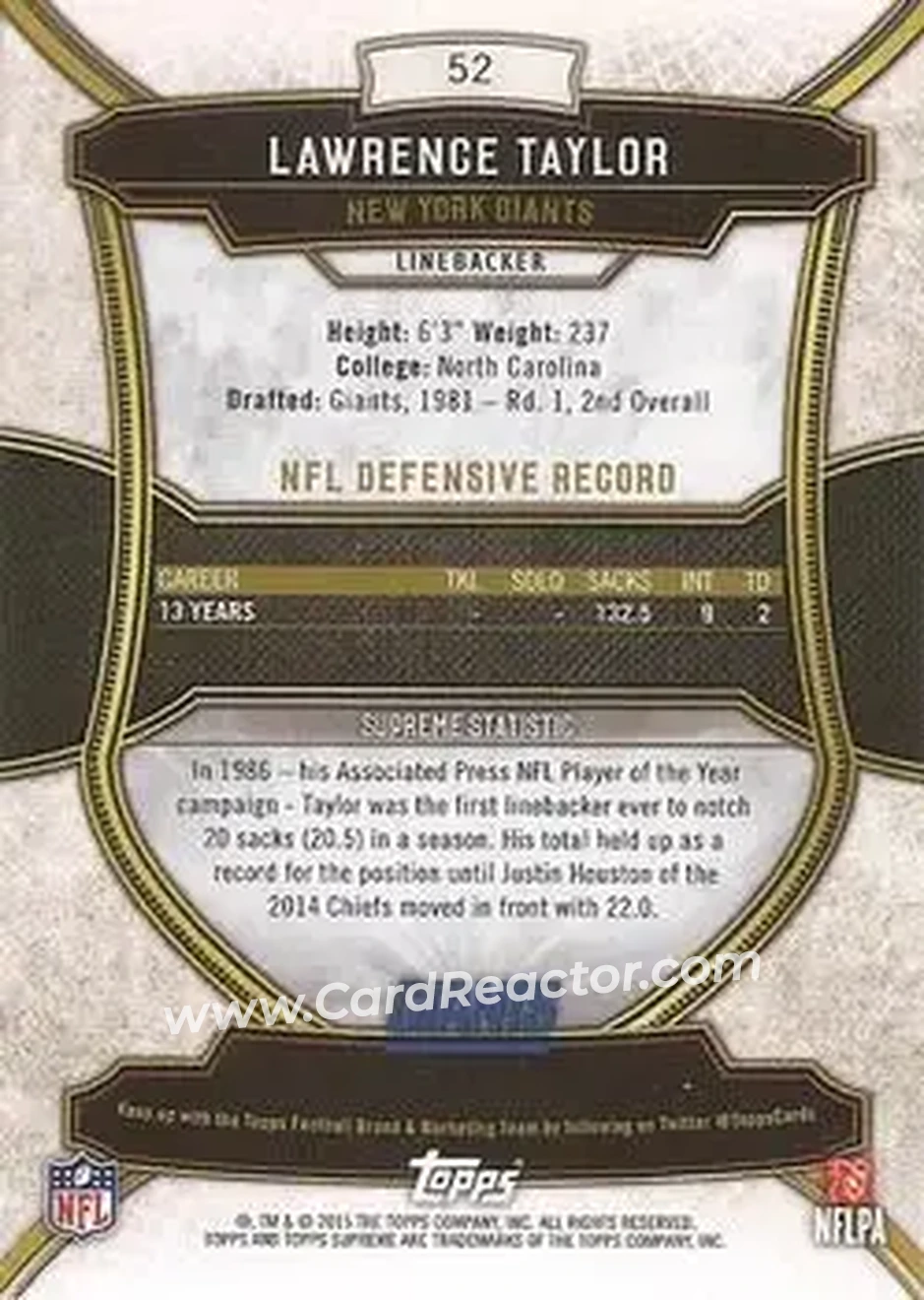2015 Topps Supreme #52 - Lawrence Taylor - New York Giants - Back