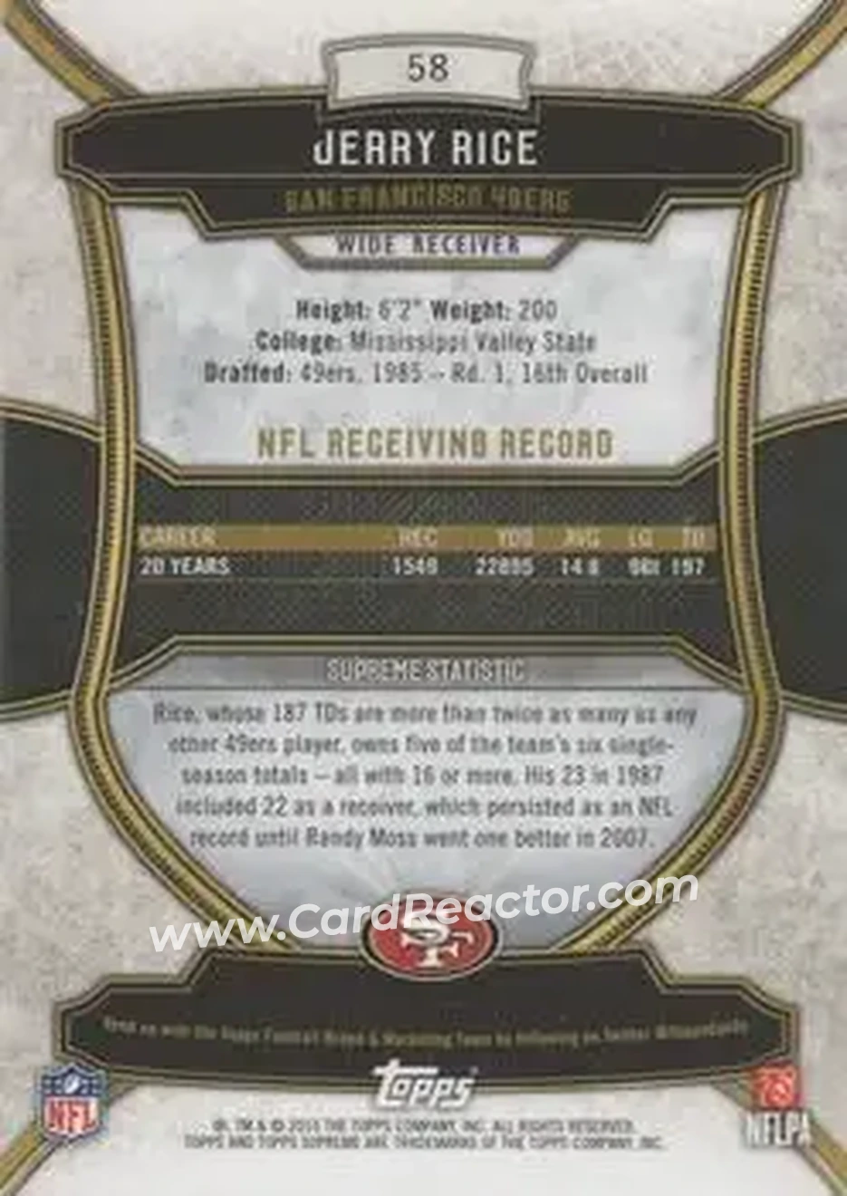 2015 Topps Supreme #58 - Jerry Rice - San Francisco 49ers - Back
