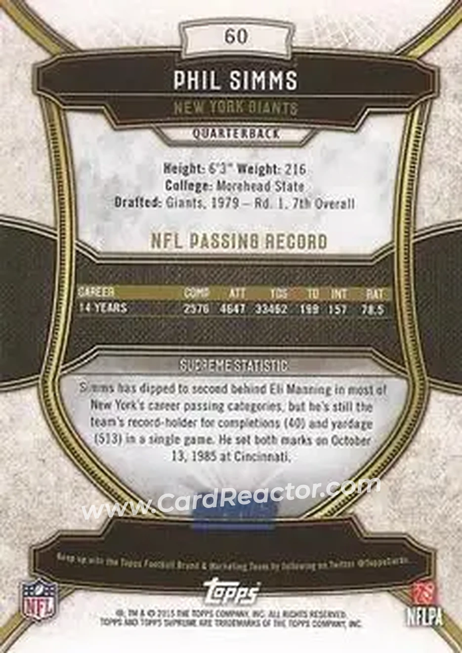 2015 Topps Supreme #60 - Phil Simms - New York Giants - Back