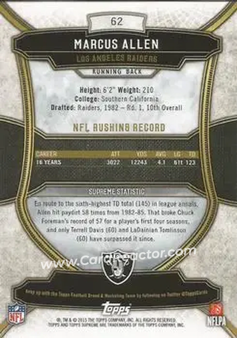 2015 Topps Supreme #62 - Marcus Allen - Los Angeles Raiders - Back