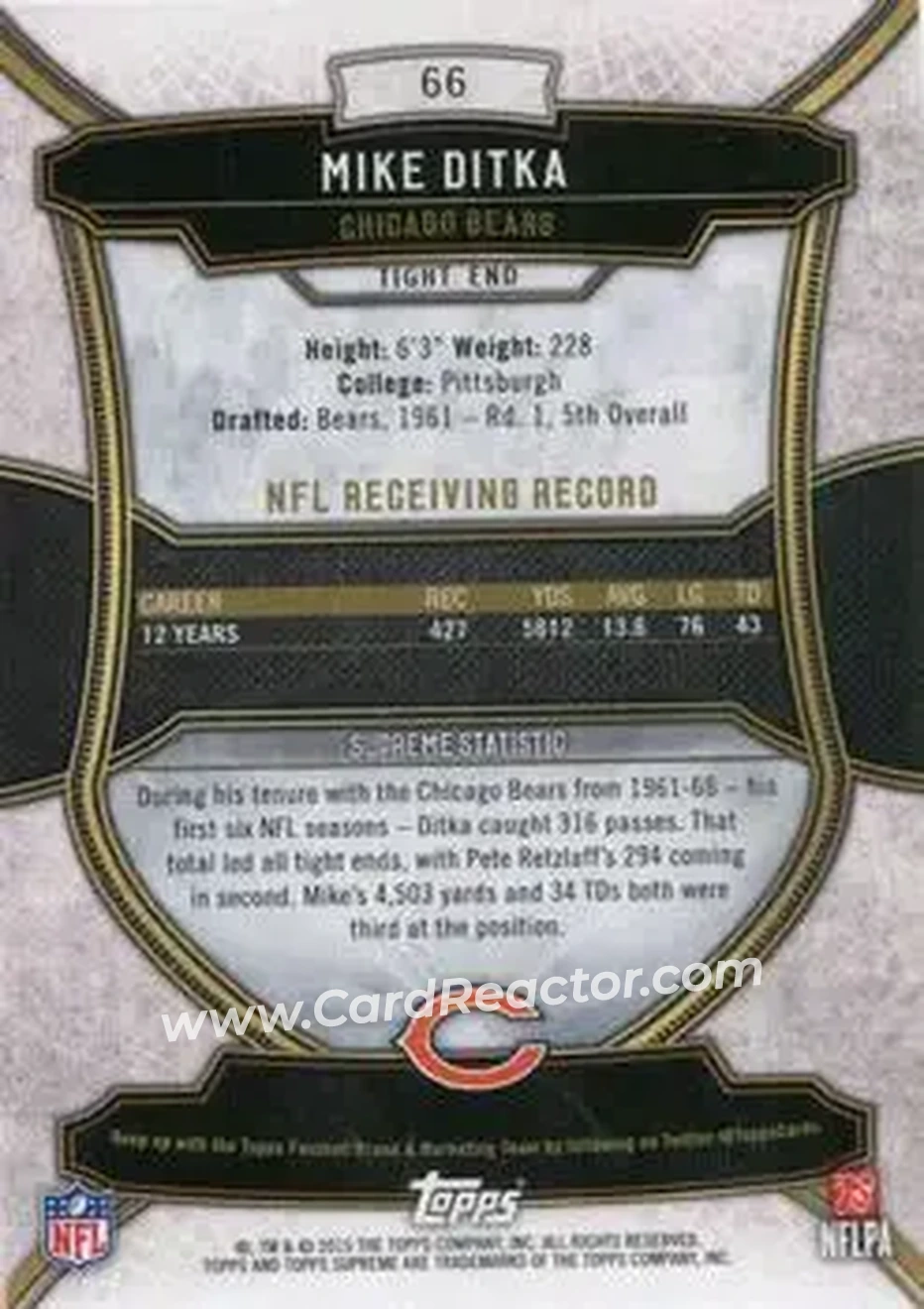 2015 Topps Supreme #66 - Mike Ditka - Chicago Bears - Back