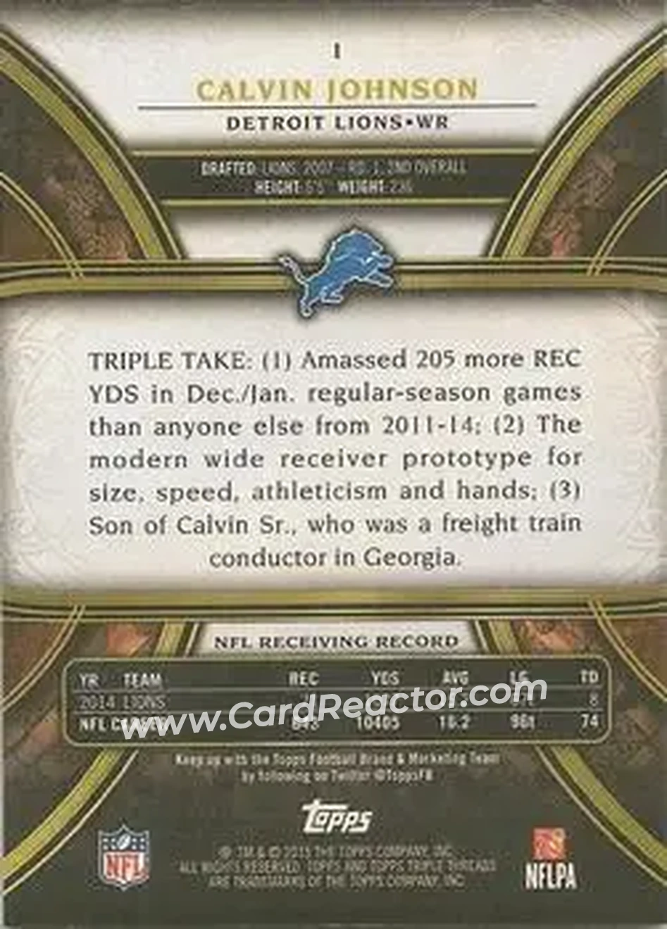 2015 Topps Triple Threads #1 - Calvin Johnson - Detroit Lions - Back