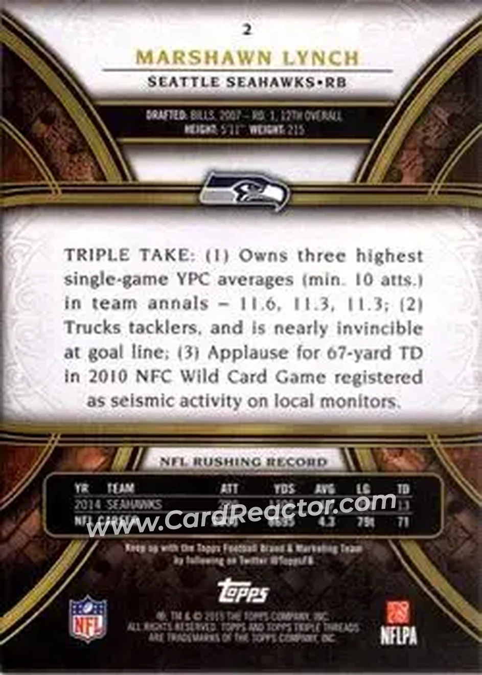 2015 Topps Triple Threads #2 - Marshawn Lynch - Seattle Seahawks - Back