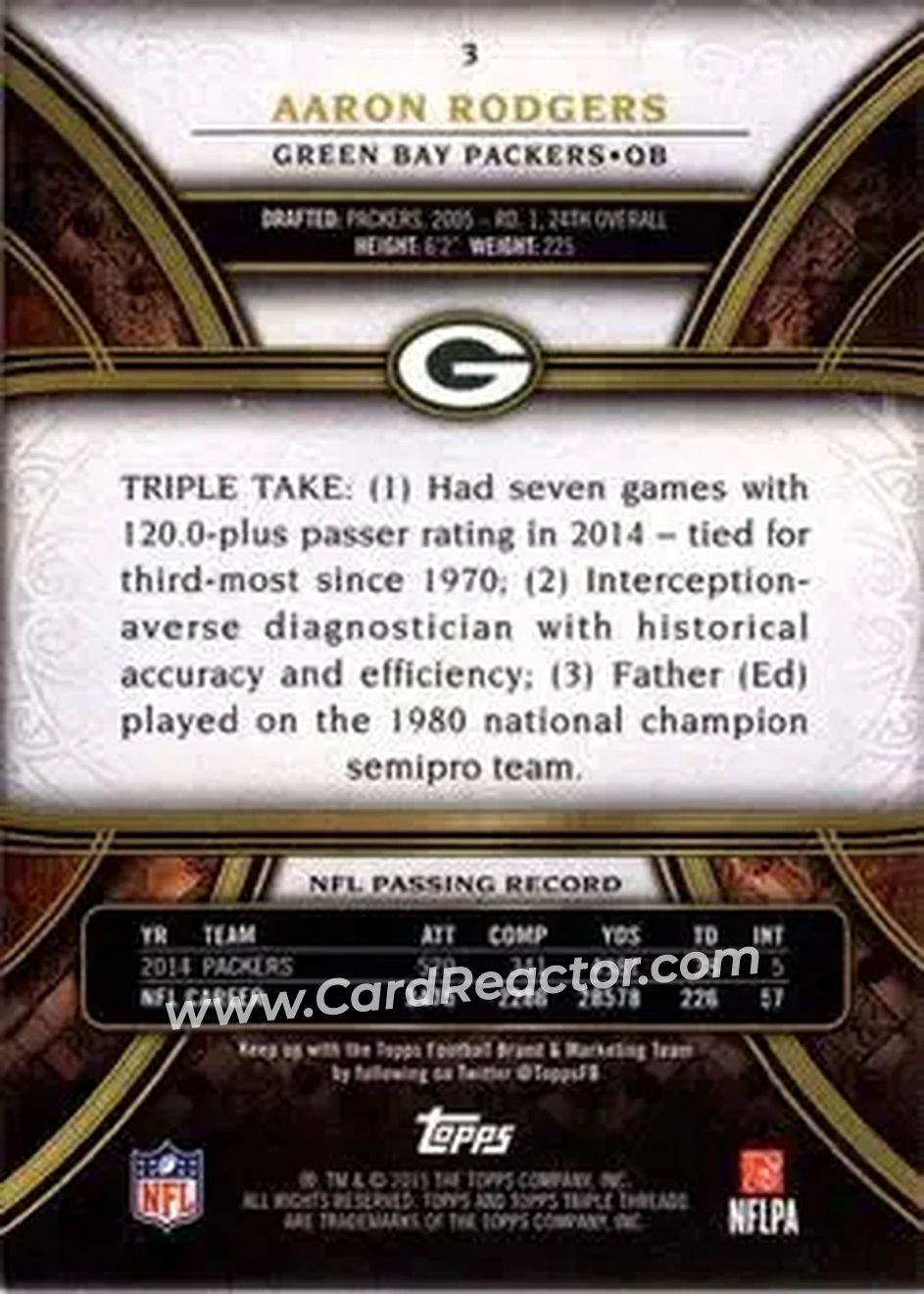 2015 Topps Triple Threads #3 - Aaron Rodgers - Green Bay Packers - Back