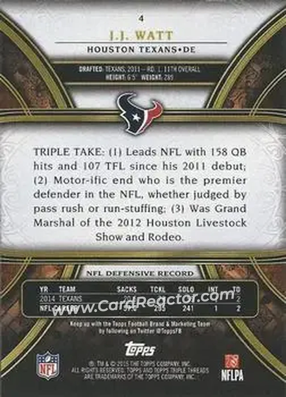 2015 Topps Triple Threads #4 - J.J. Watt - Houston Texans - Back