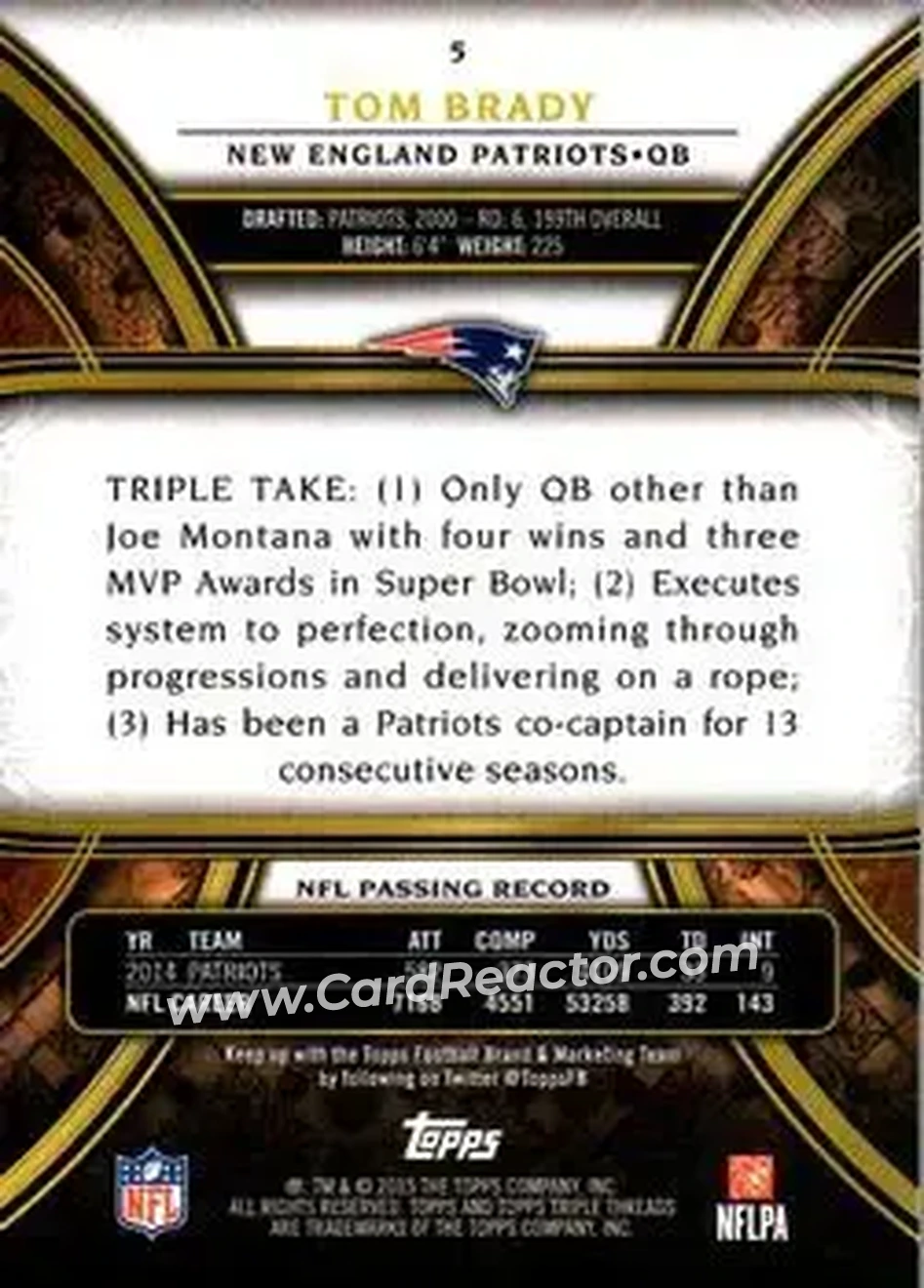 2015 Topps Triple Threads #5 - Tom Brady - New England Patriots - Back