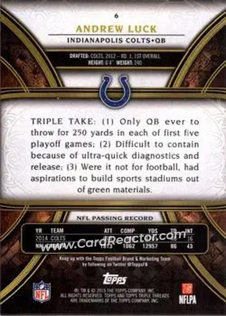 2015 Topps Triple Threads #6 - Andrew Luck - Indianapolis Colts - Back
