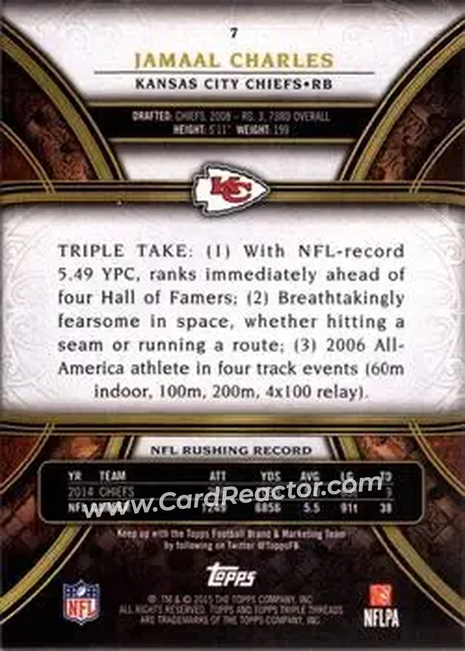 2015 Topps Triple Threads #7 - Jamaal Charles - Kansas City Chiefs - Back