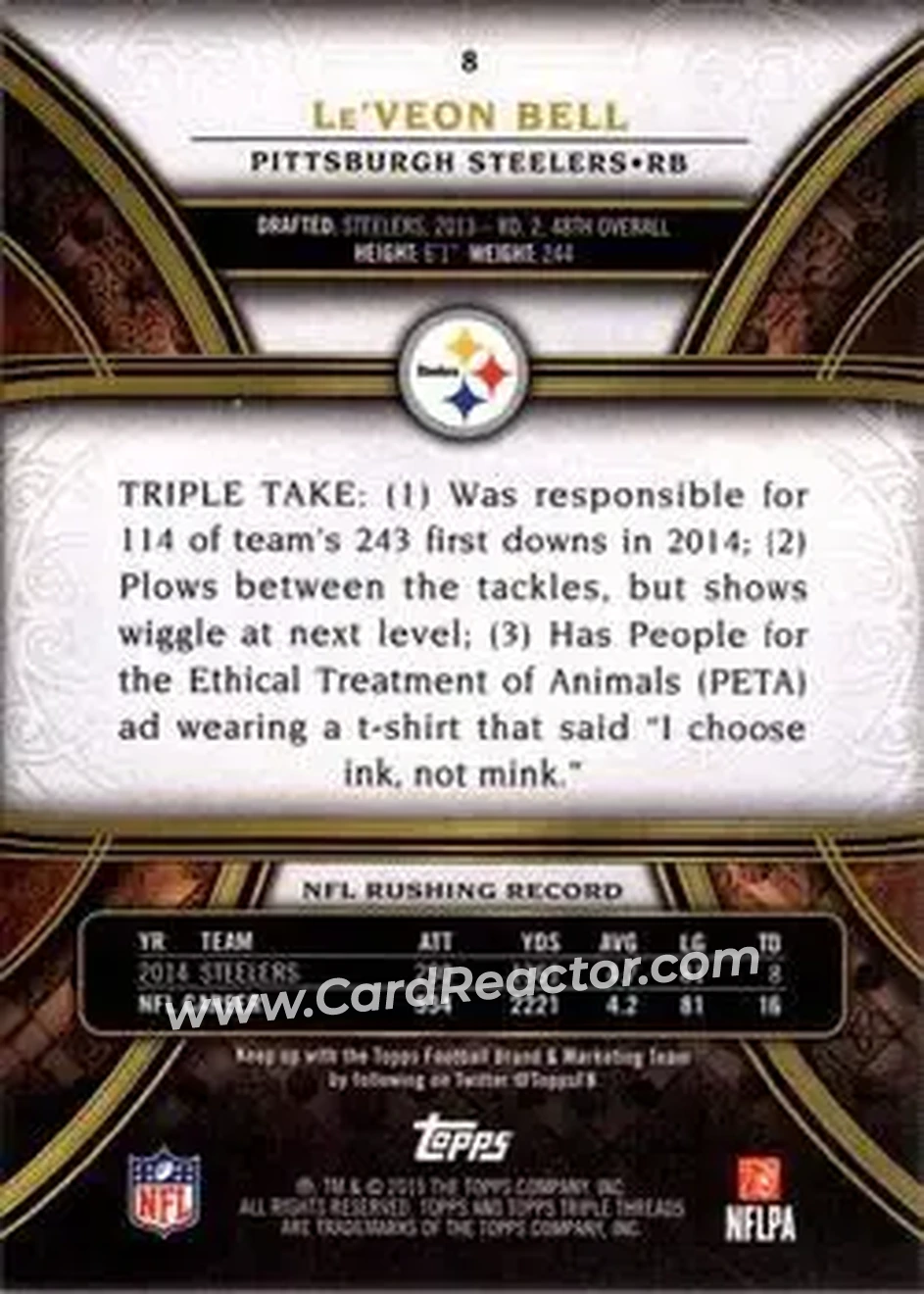 2015 Topps Triple Threads #8 - Le'Veon Bell - Pittsburgh Steelers - Back