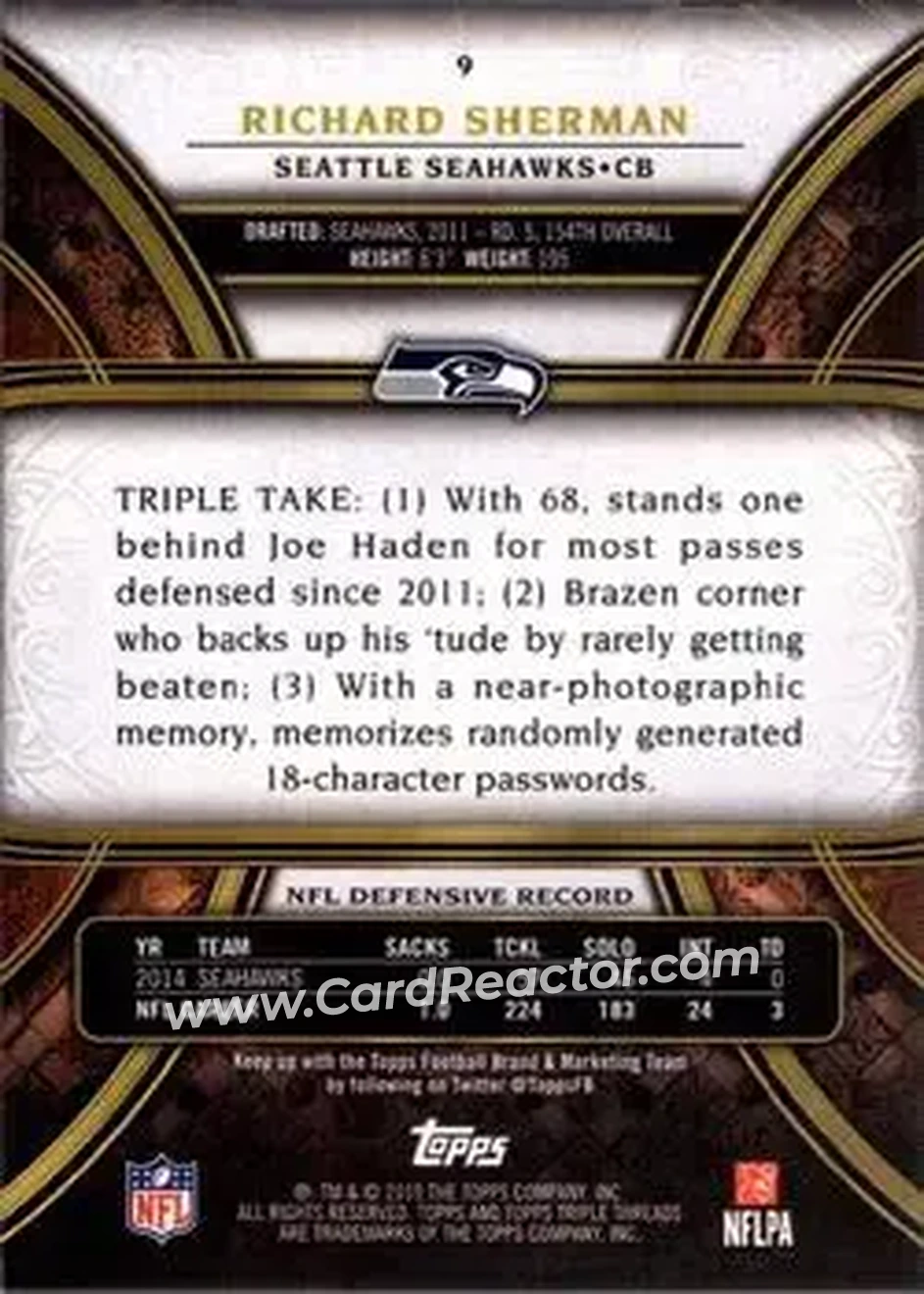 2015 Topps Triple Threads #9 - Richard Sherman - Seattle Seahawks - Back