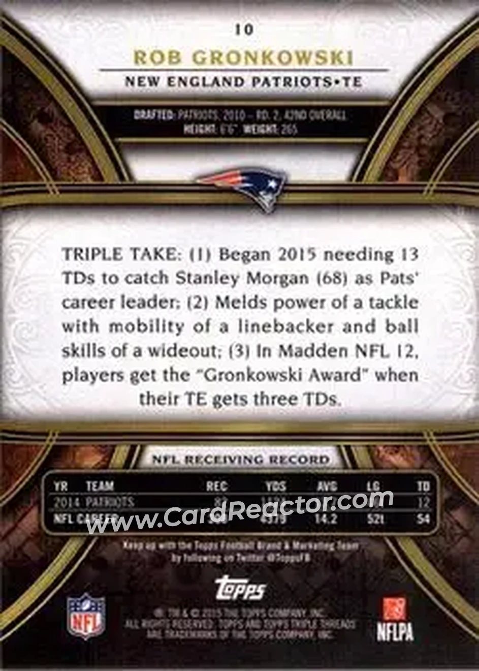 2015 Topps Triple Threads #10 - Rob Gronkowski - New England Patriots - Back