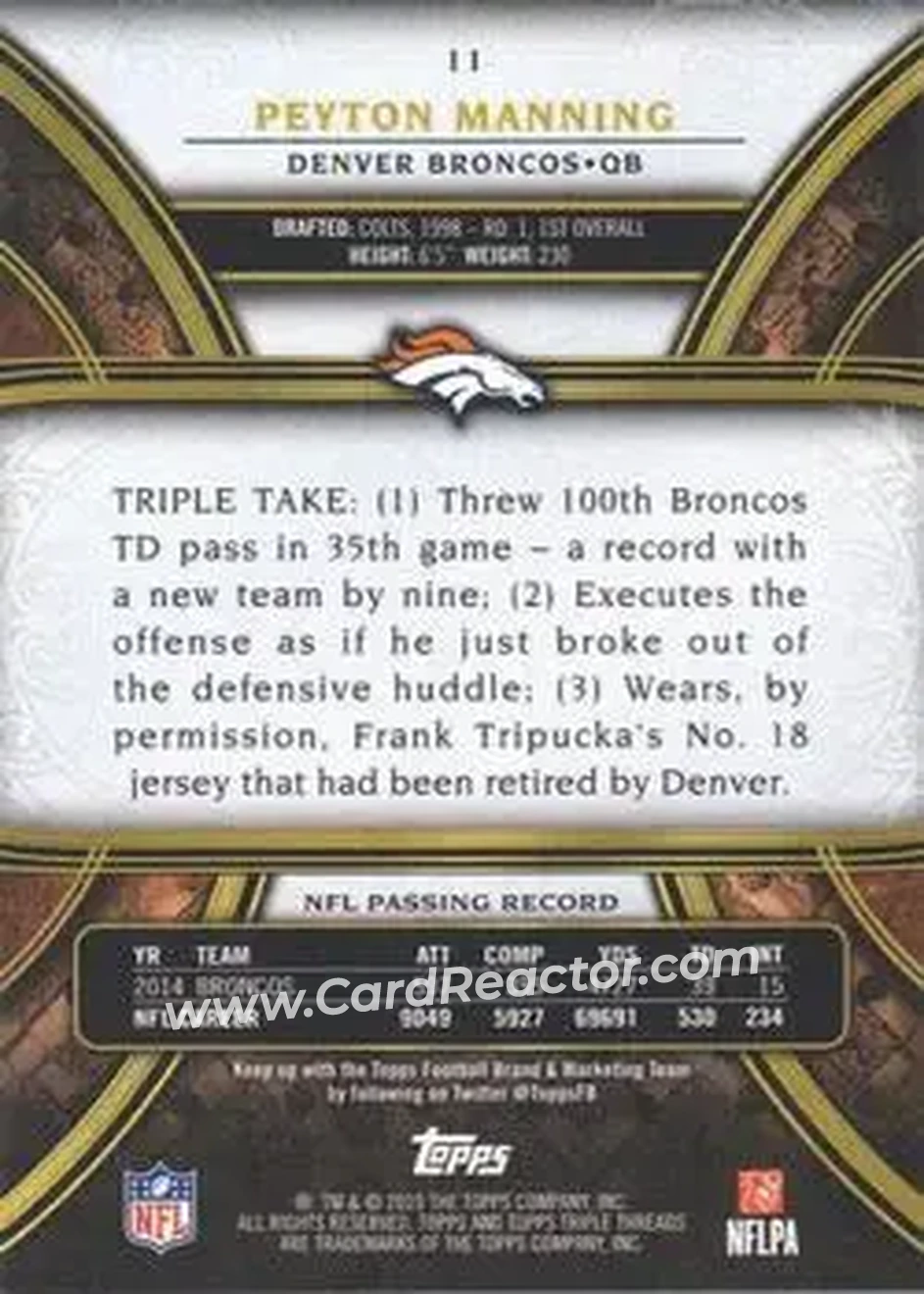 2015 Topps Triple Threads #11 - Peyton Manning - Denver Broncos - Back